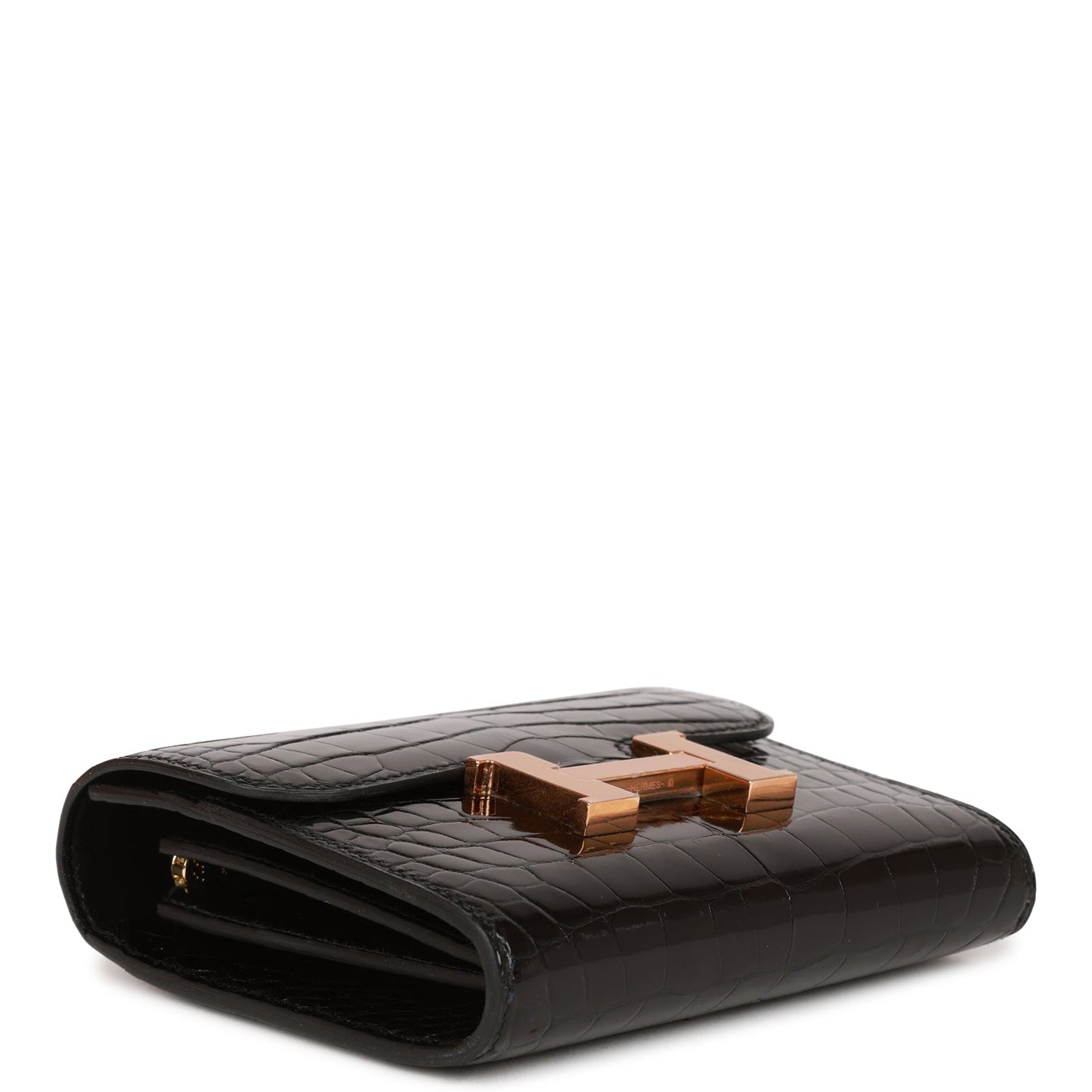 Hermes Constance Compact Wallet Black Shiny Alligator Rose Gold Hardware