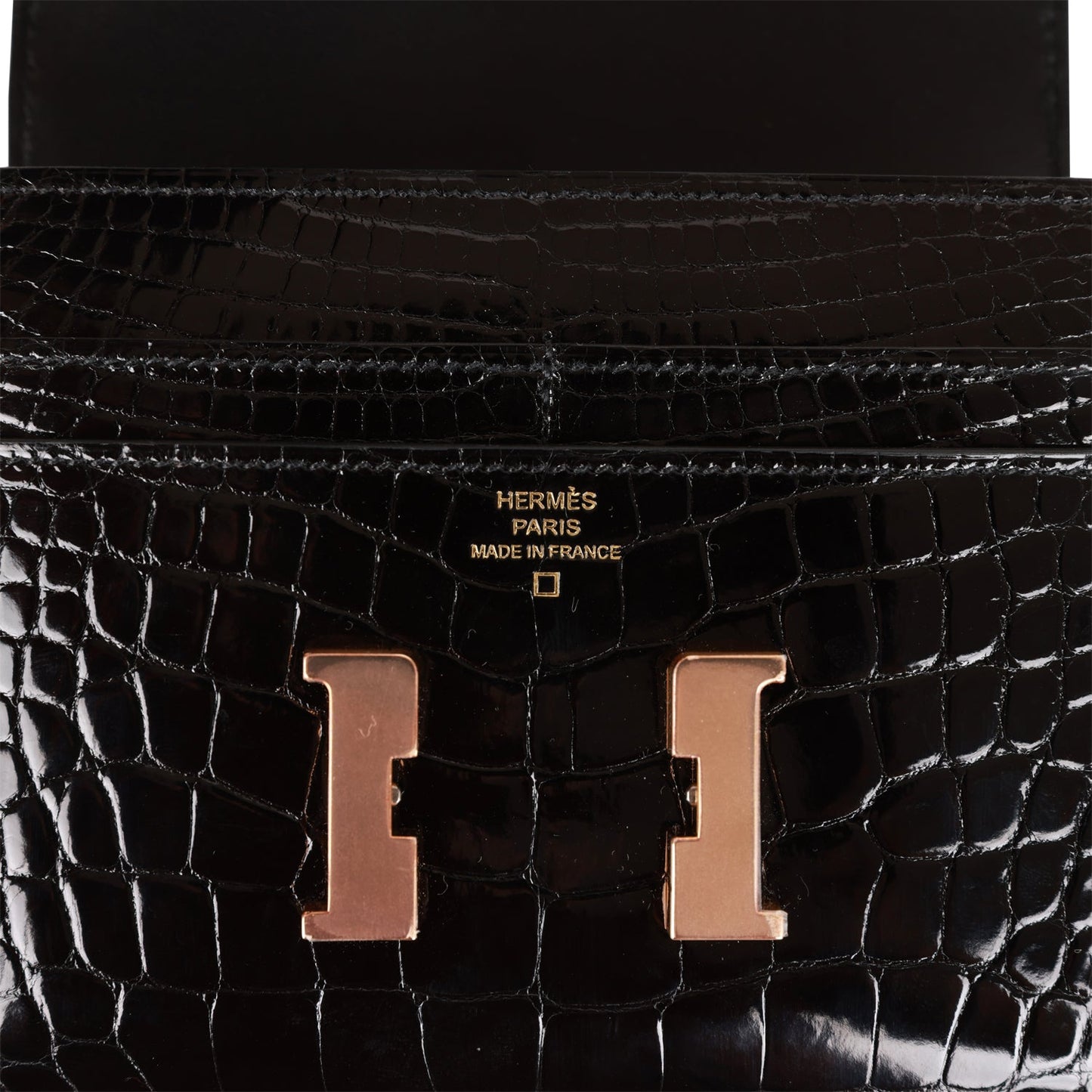 Hermes Constance Compact Wallet Black Shiny Alligator Rose Gold Hardware