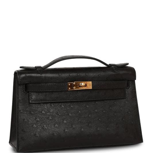 Pre-owned Hermes Kelly Pochette Black Ostrich Gold Hardware