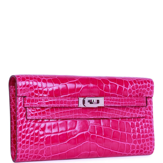 Pre-owned Hermes Kelly Wallet To Go Rose Scheherazade Shiny Alligator Palladium Hardware