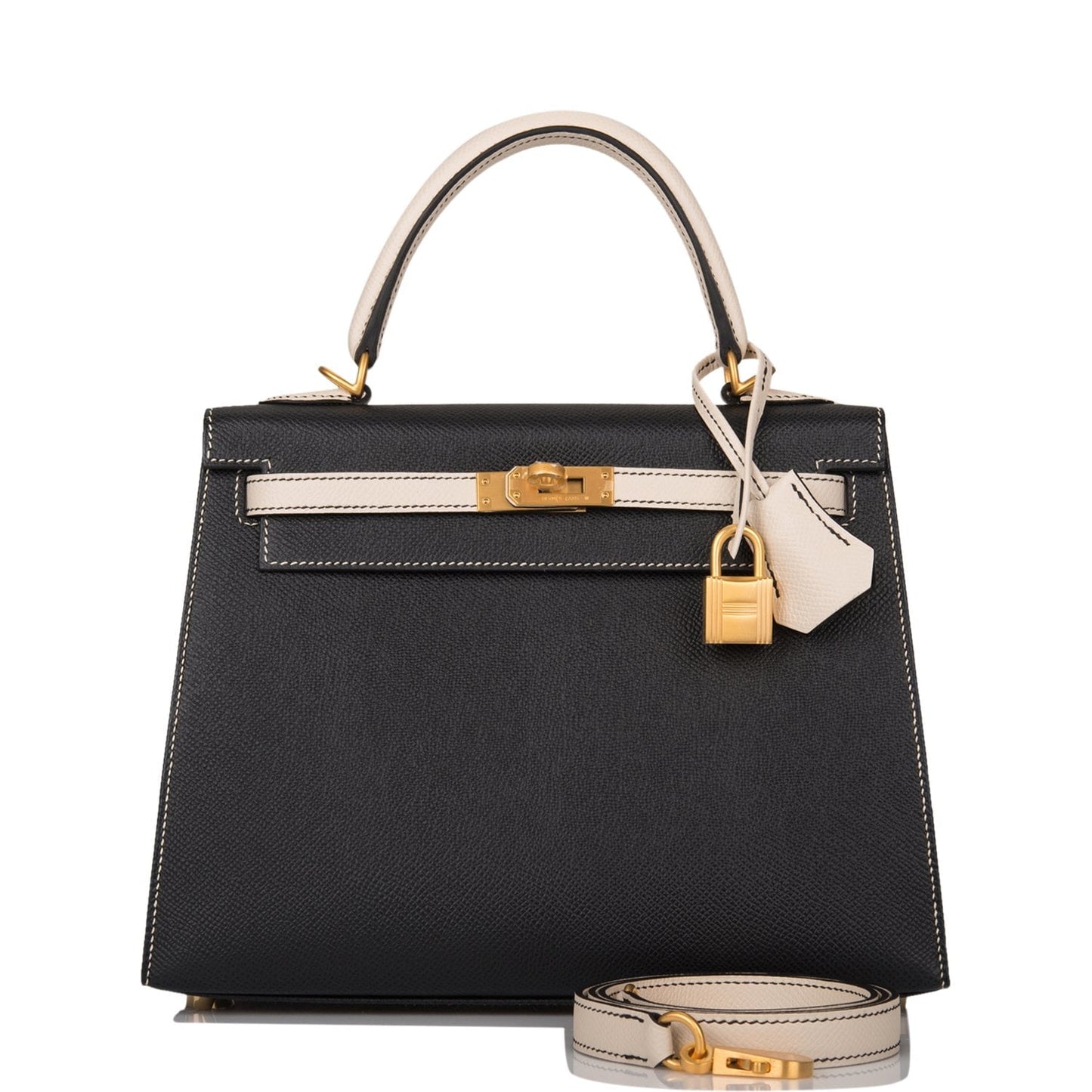 Hermes Special Order (HSS) Kelly Sellier 25 Black and Craie Epsom Brushed Gold Hardware