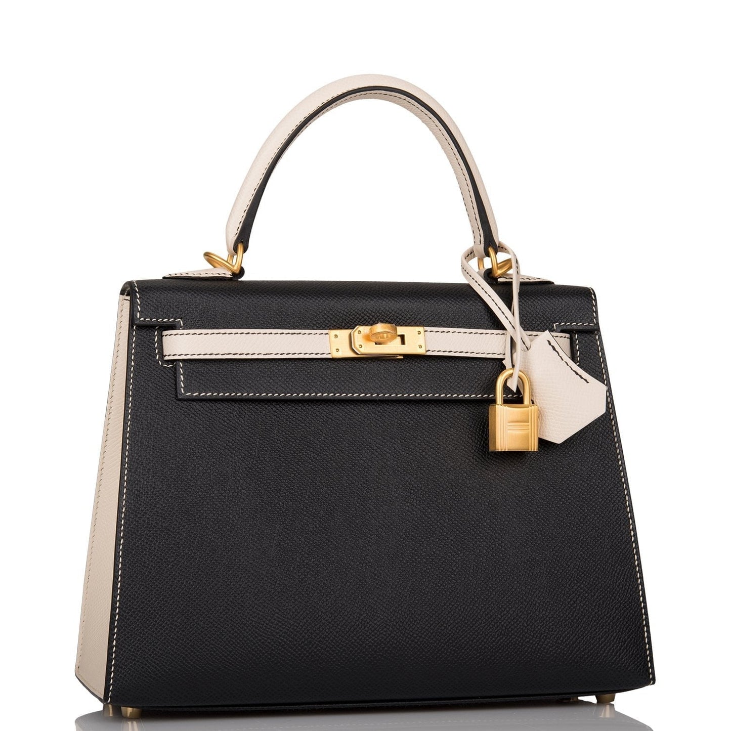 Hermes Special Order (HSS) Kelly Sellier 25 Black and Craie Epsom Brushed Gold Hardware