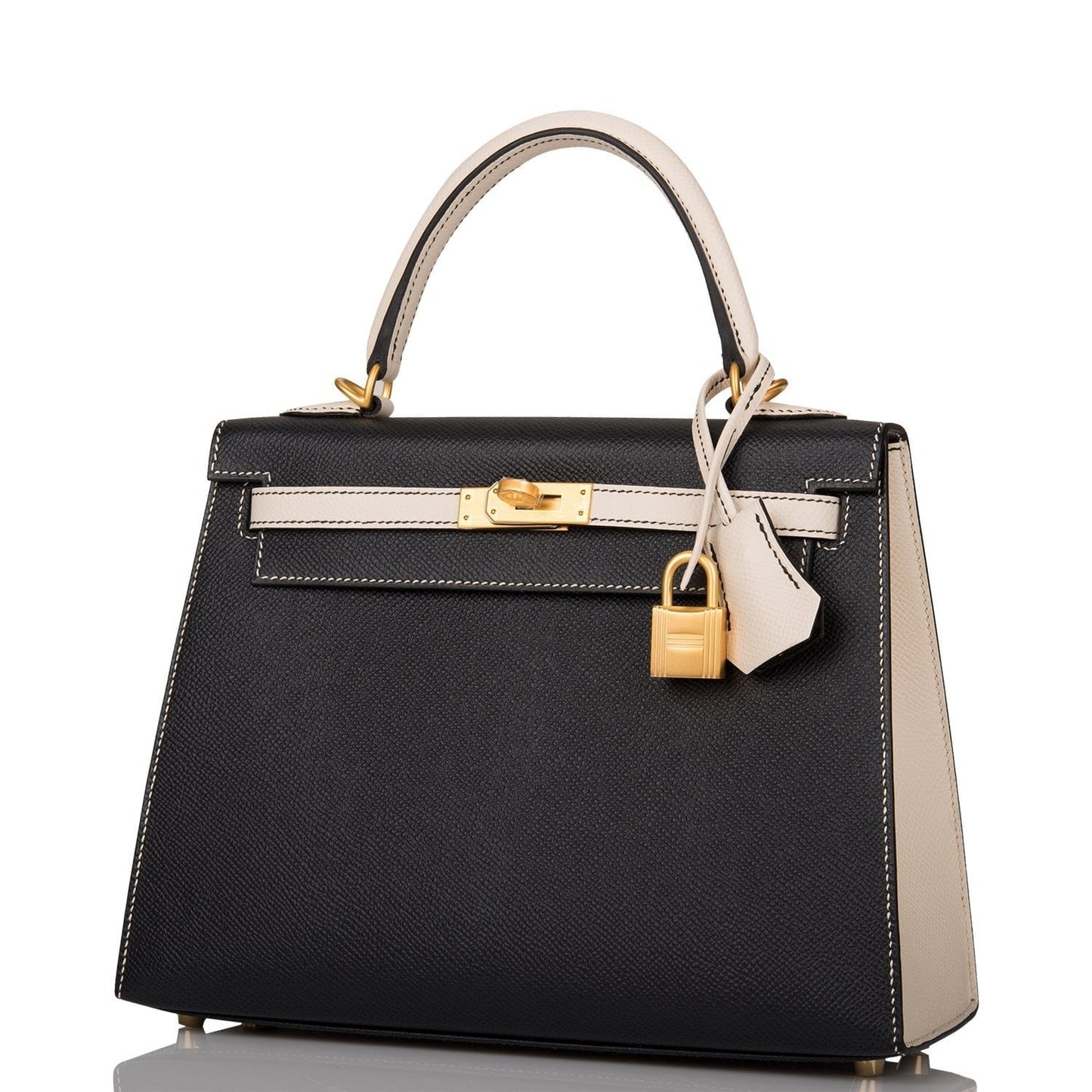 Hermes Special Order (HSS) Kelly Sellier 25 Black and Craie Epsom Brushed Gold Hardware