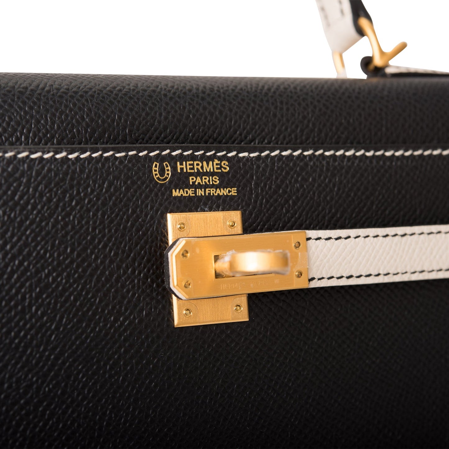 Hermes Special Order (HSS) Kelly Sellier 25 Black and Craie Epsom Brushed Gold Hardware