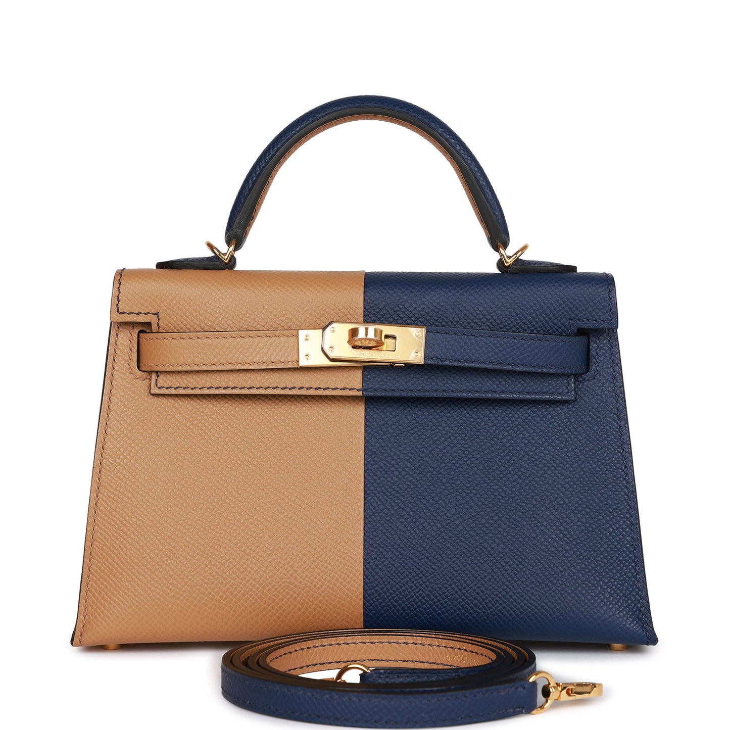 Hermes Special Order (HSS) Kelly Sellier 20 Casaque Sesame and Bleu Saphir Epsom Gold Hardware