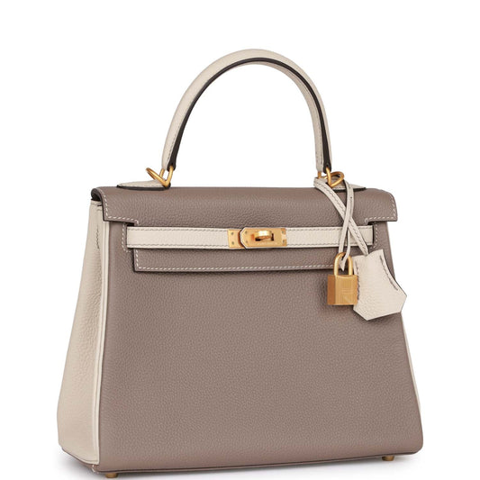 Hermes Special Order (HSS) Kelly Retourne 25 Gris Asphalte and Craie Togo Brushed Gold Hardware