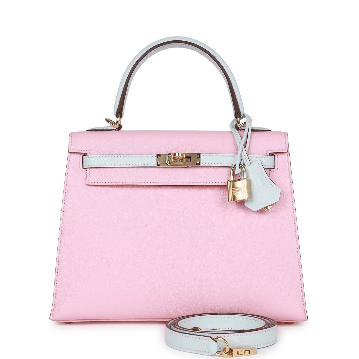 Hermes Special Order (HSS) Kelly Sellier 25 Rose Sakura and Bleu Brume Chevre Gold Hardware