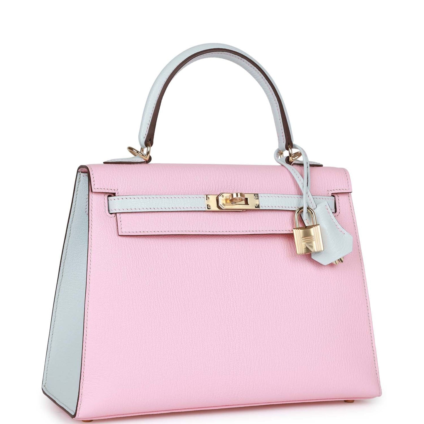 Hermes Special Order (HSS) Kelly Sellier 25 Rose Sakura and Bleu Brume Chevre Gold Hardware