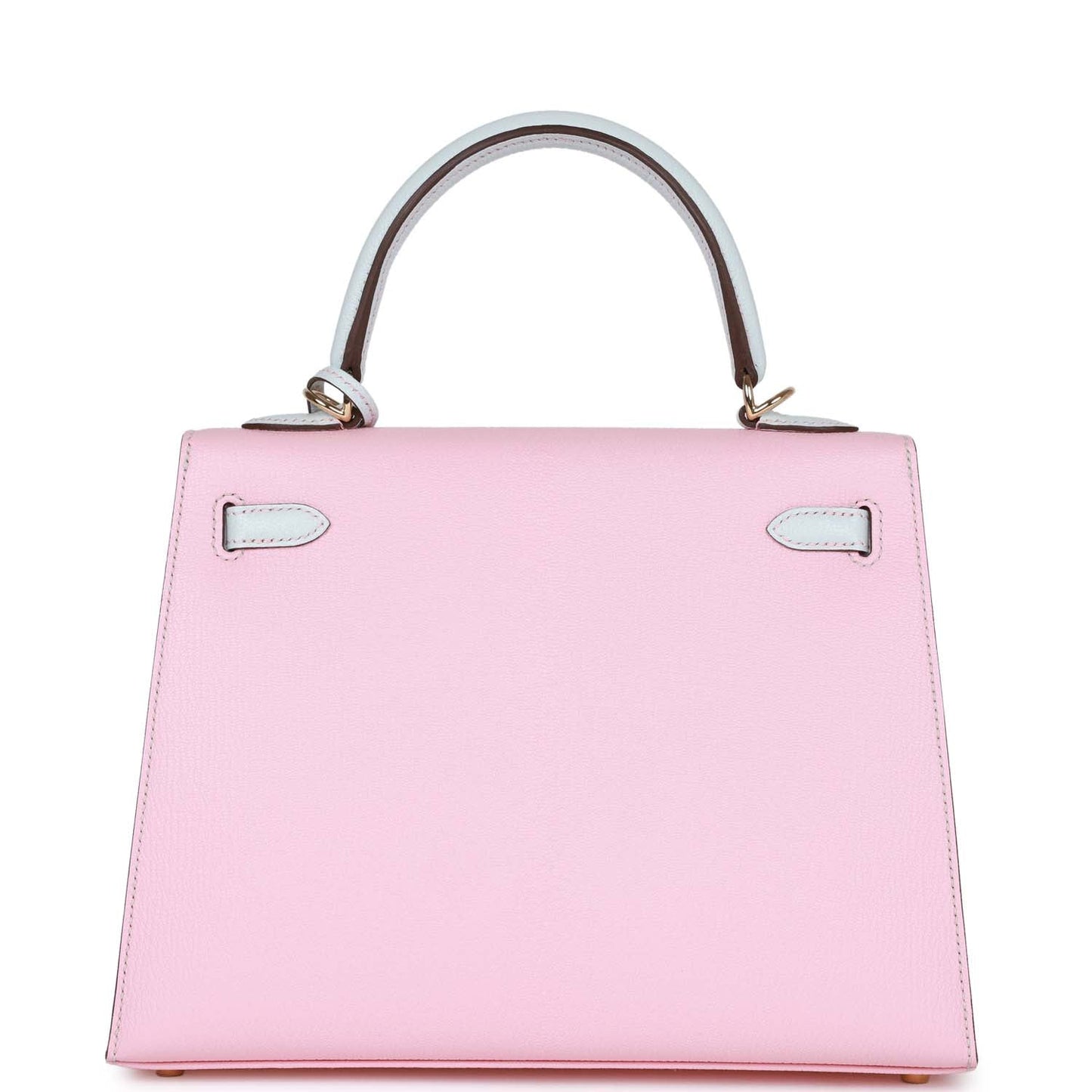 Hermes Special Order (HSS) Kelly Sellier 25 Rose Sakura and Bleu Brume Chevre Gold Hardware