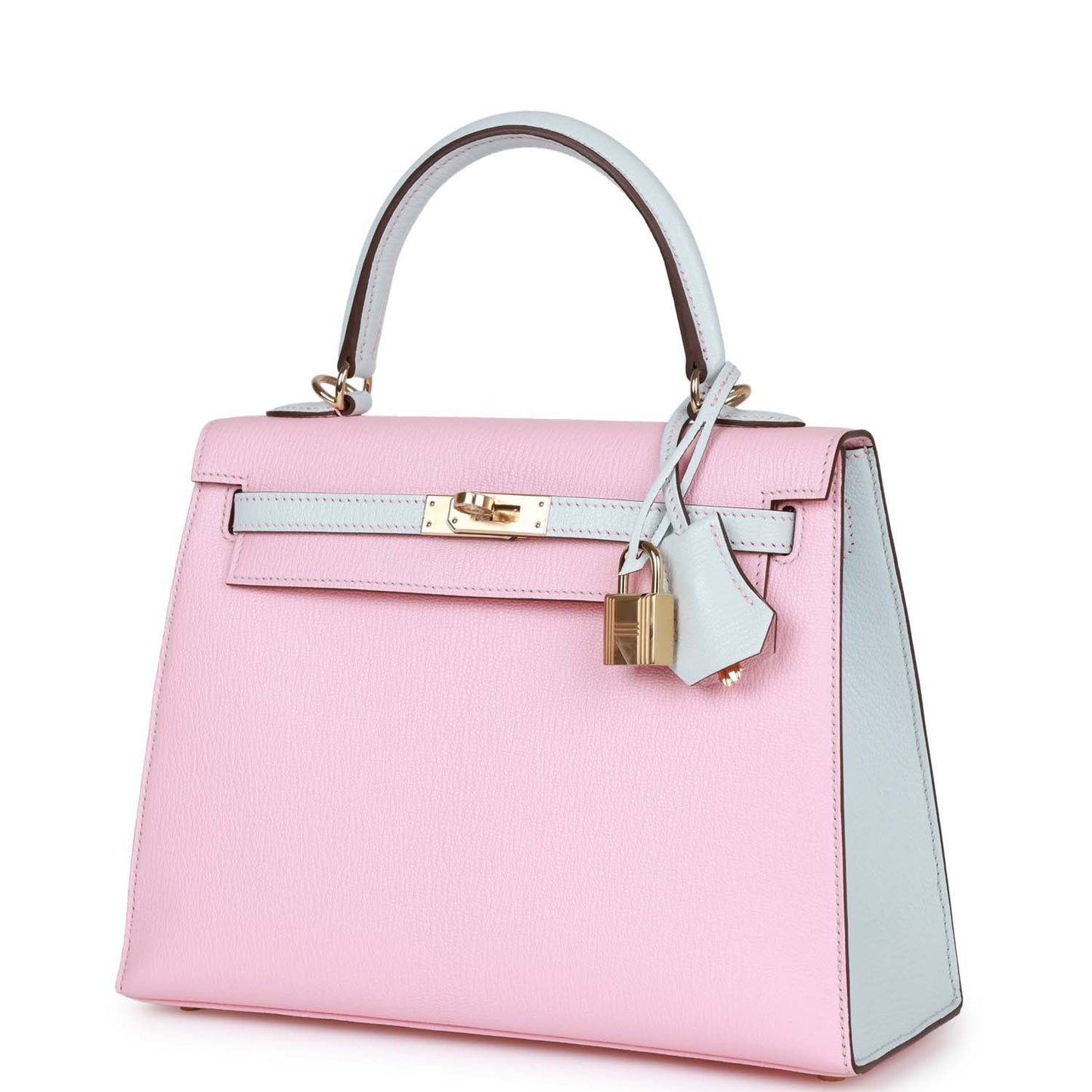 Hermes Special Order (HSS) Kelly Sellier 25 Rose Sakura and Bleu Brume Chevre Gold Hardware