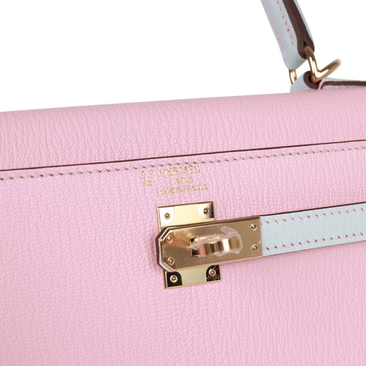 Hermes Special Order (HSS) Kelly Sellier 25 Rose Sakura and Bleu Brume Chevre Gold Hardware