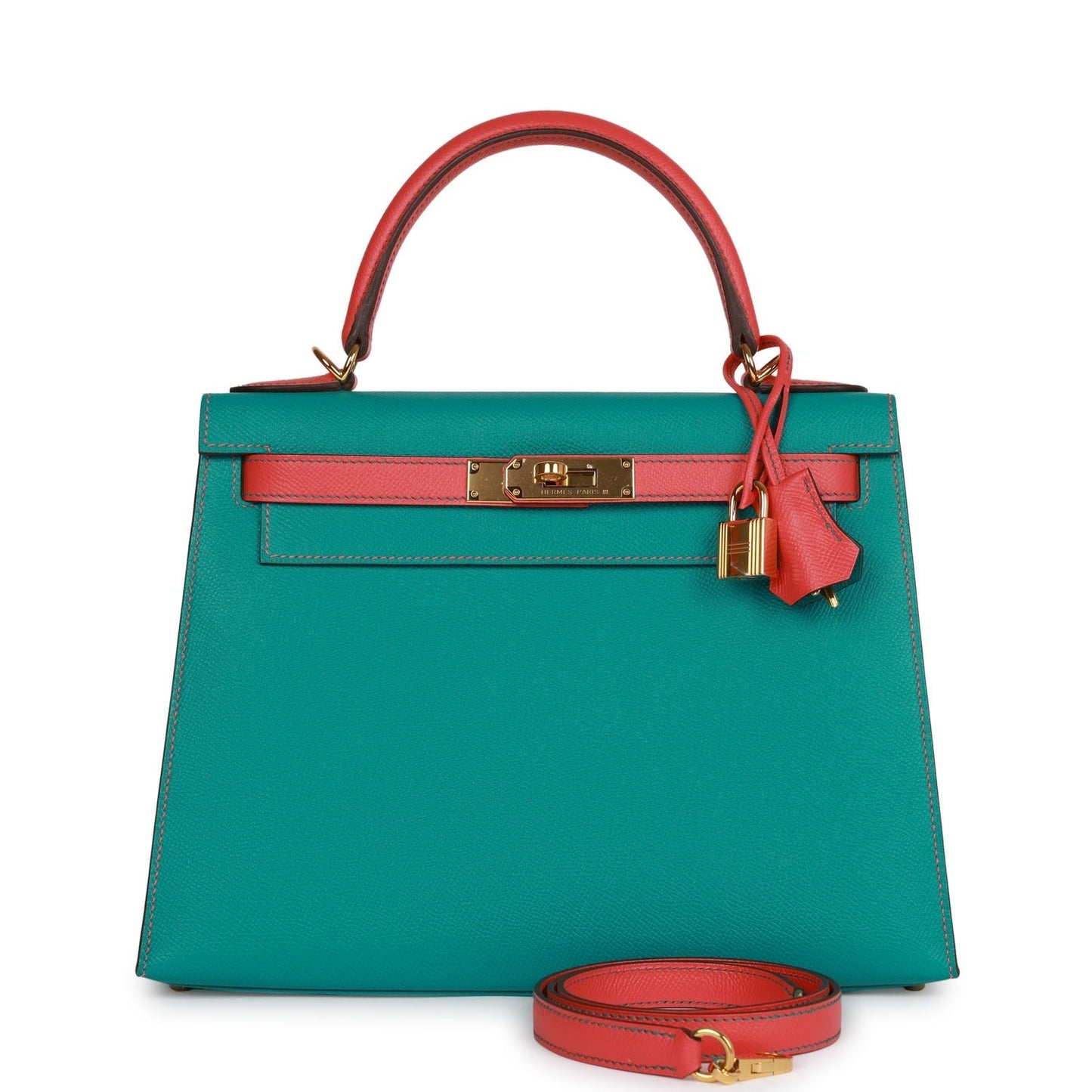 Hermes Special Order (HSS) Kelly Sellier 28 Bleu Paon and Rose Jaipur Epsom Gold Hardware