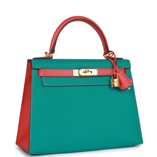 Hermes Special Order (HSS) Kelly Sellier 28 Bleu Paon and Rose Jaipur Epsom Gold Hardware