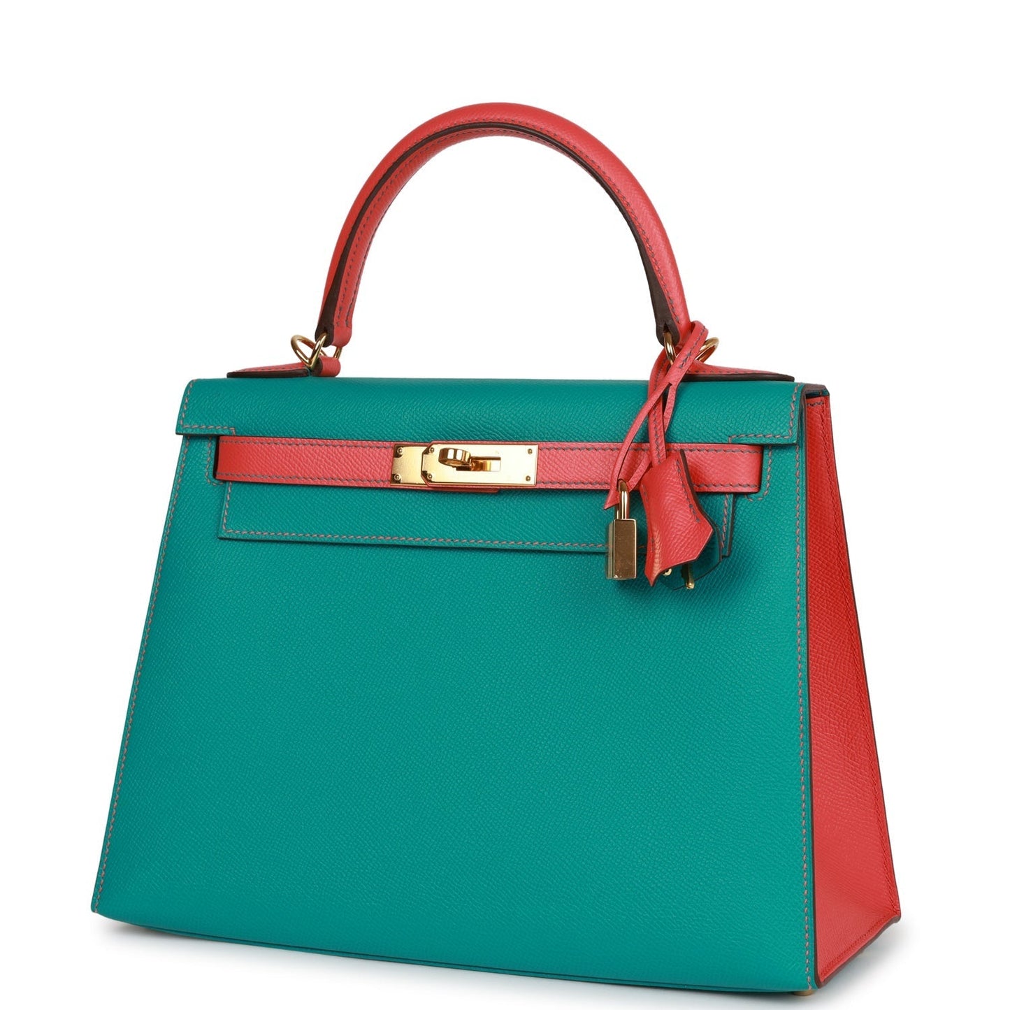 Hermes Special Order (HSS) Kelly Sellier 28 Bleu Paon and Rose Jaipur Epsom Gold Hardware