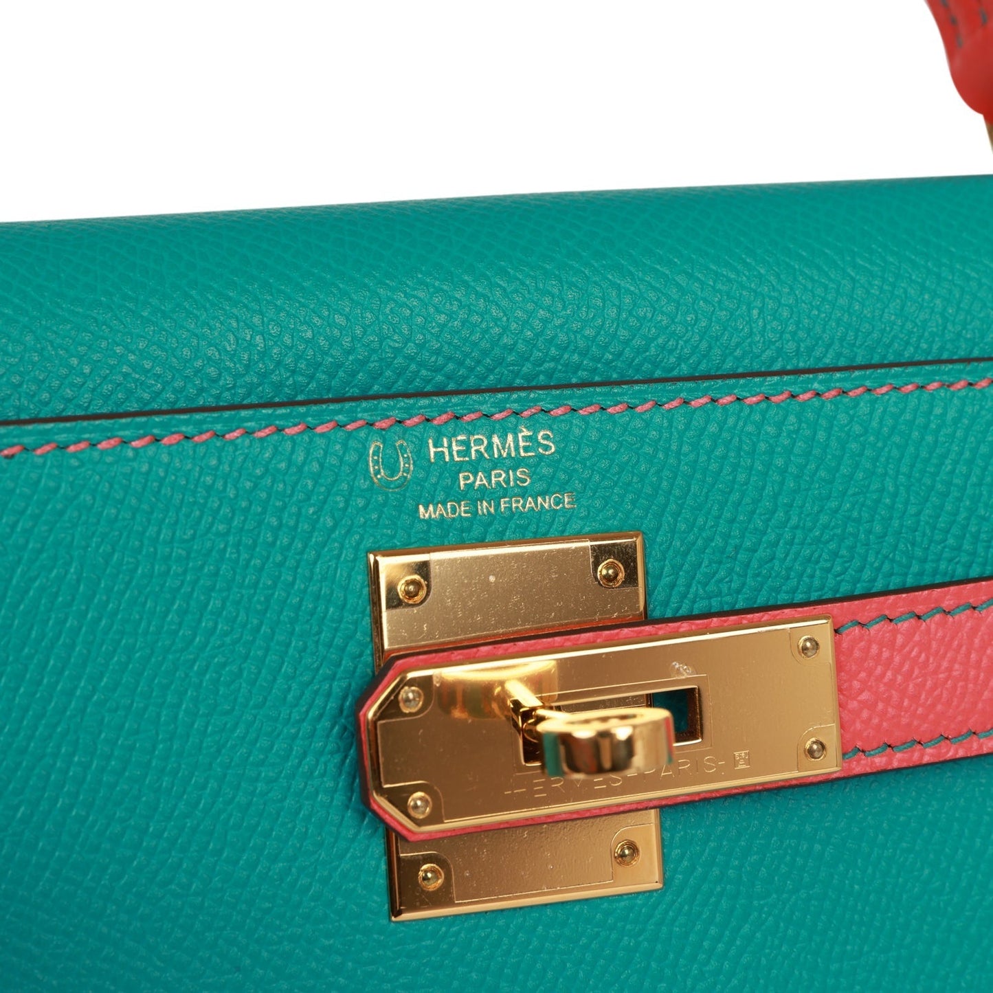 Hermes Special Order (HSS) Kelly Sellier 28 Bleu Paon and Rose Jaipur Epsom Gold Hardware