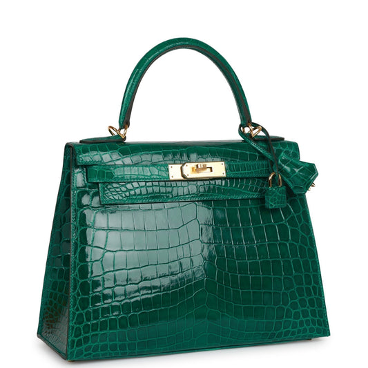 Hermes Special Order (HSS) Kelly Sellier 28 Emerald Shiny Niloticus Crocodile Gold Hardware