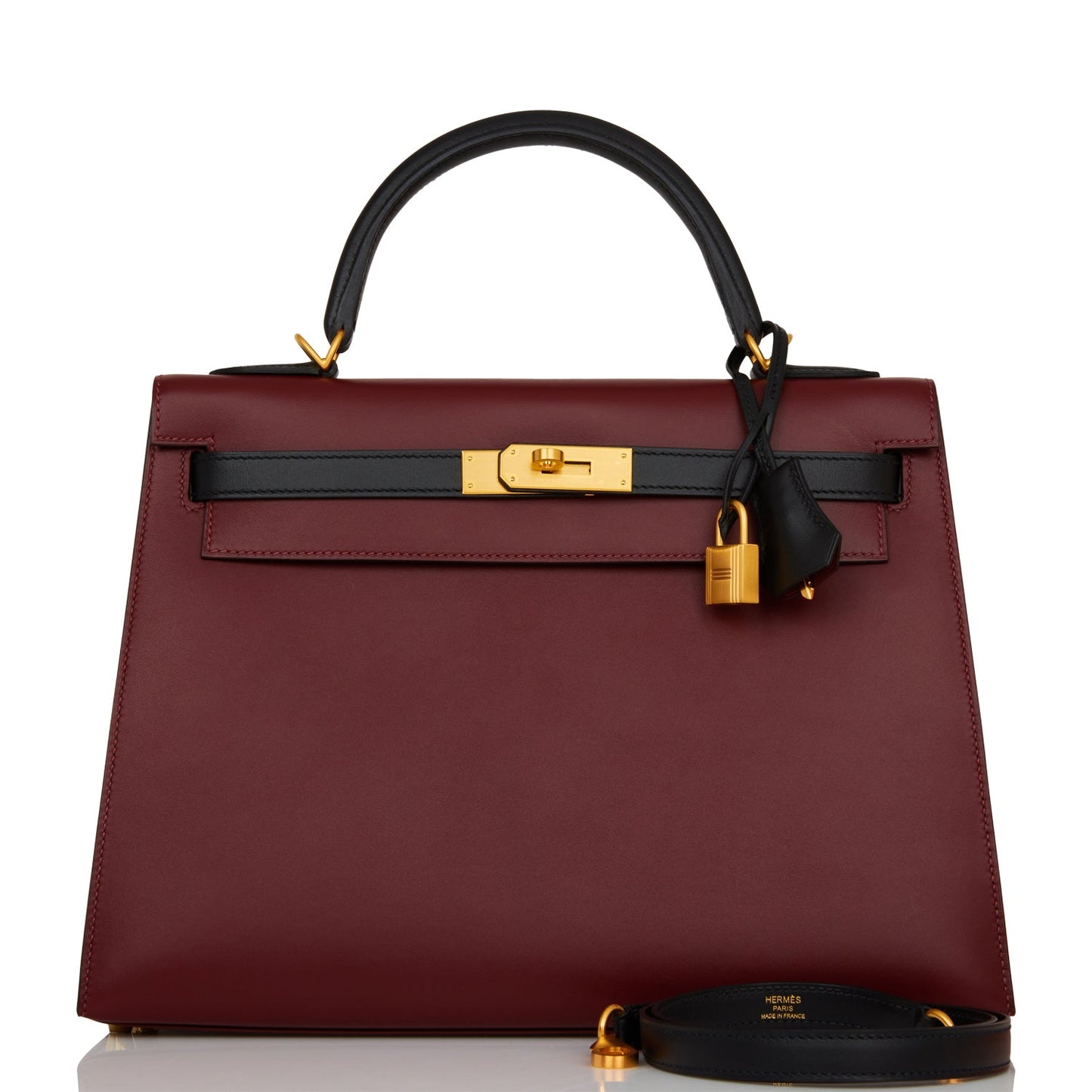 Hermes Special Order (HSS) Kelly Sellier 32 Rouge H and Black Sombrero Brushed Gold Hardware