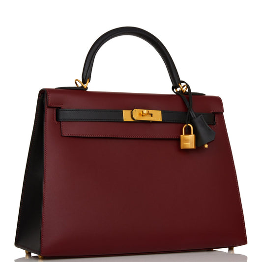 Hermes Special Order (HSS) Kelly Sellier 32 Rouge H and Black Sombrero Brushed Gold Hardware