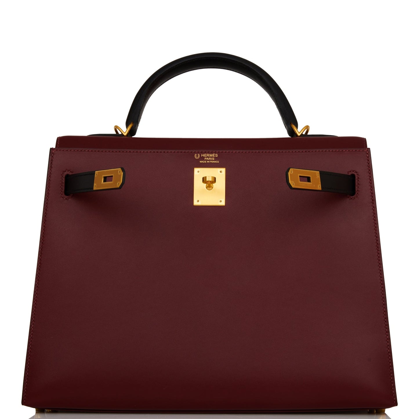 Hermes Special Order (HSS) Kelly Sellier 32 Rouge H and Black Sombrero Brushed Gold Hardware