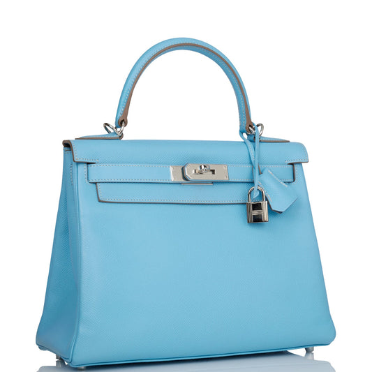 Pre-owned Hermes Kelly Retourne 28 Celeste Candy Epsom Palladium Hardware