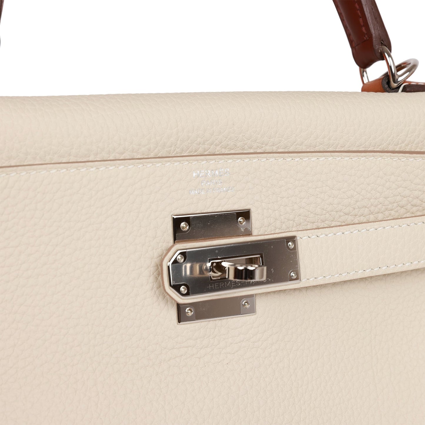 Pre-owned Hermes Kelly Retourne 28 Craie Au Gallop Togo Palladium Hardware