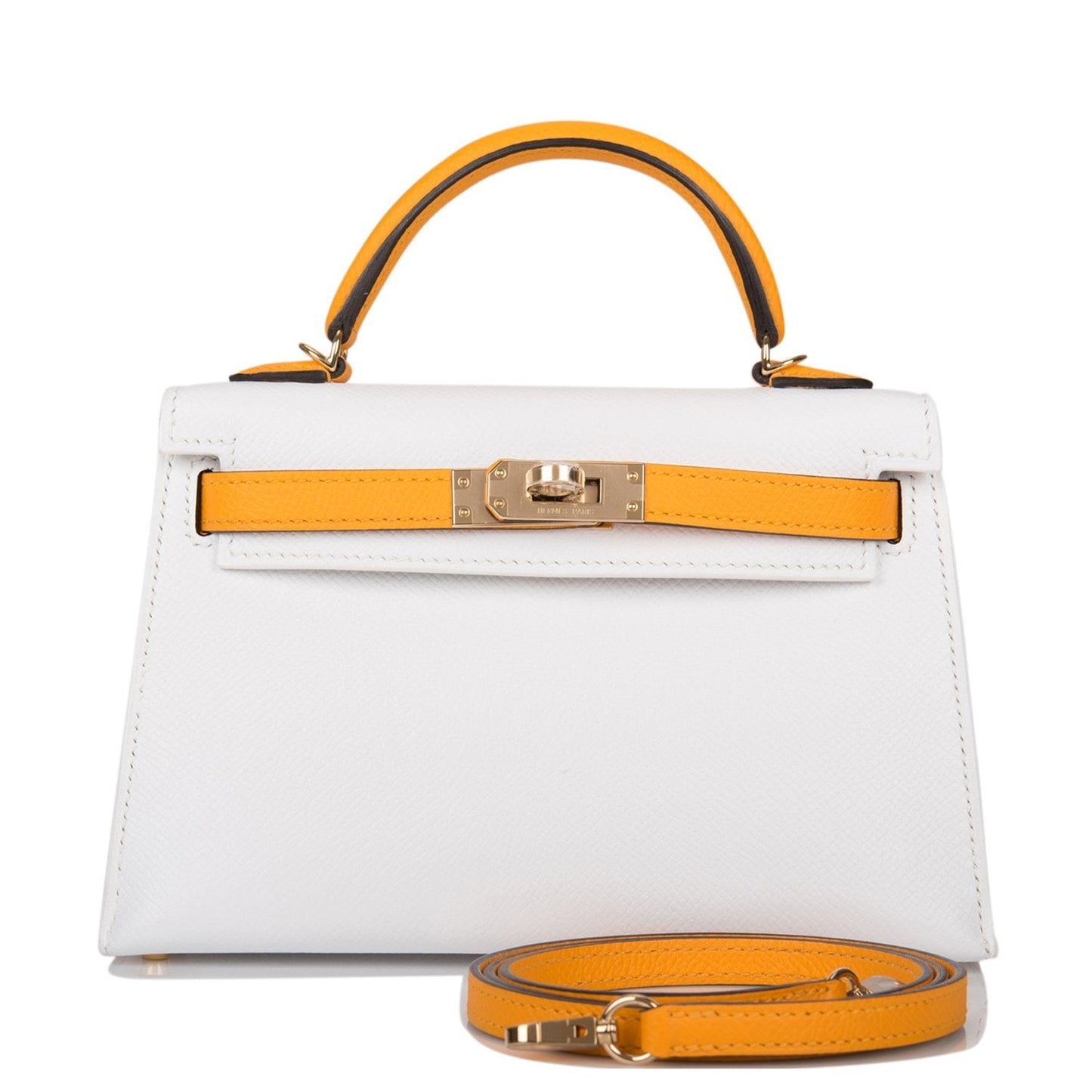 Hermes Special Order (HSS) Kelly Sellier 20 White and Jaune D'Or Epsom Permabrass Hardware