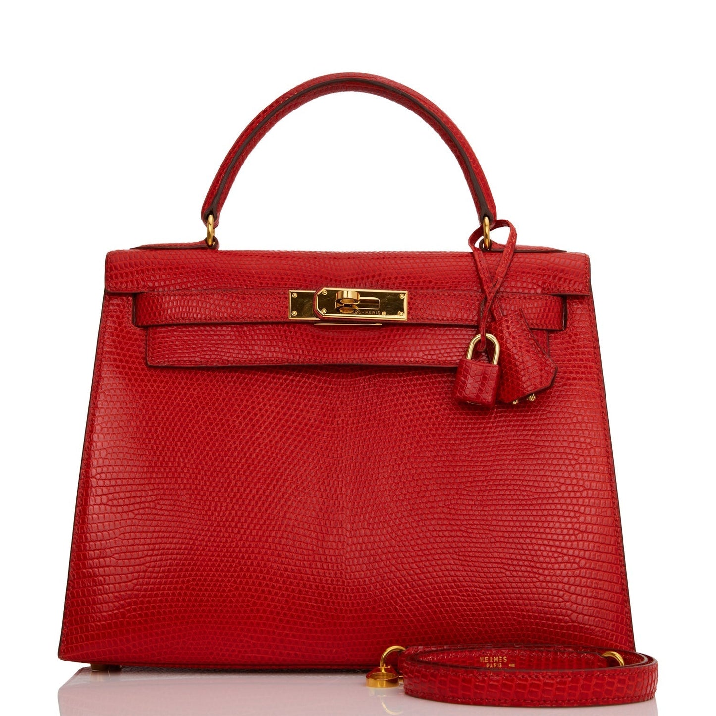 Pre-owned Hermes Kelly Sellier 28 Rouge Vif Lizard Niloticus Gold Hardware