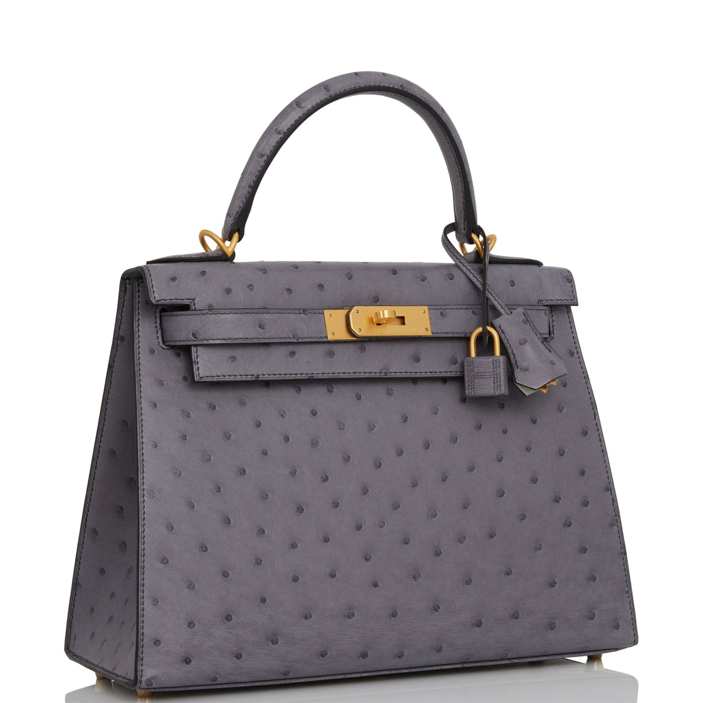 Hermes Special Order (HSS) Kelly Sellier 28 Gris Agate and Gris Perle Ostrich Brushed Gold Hardware