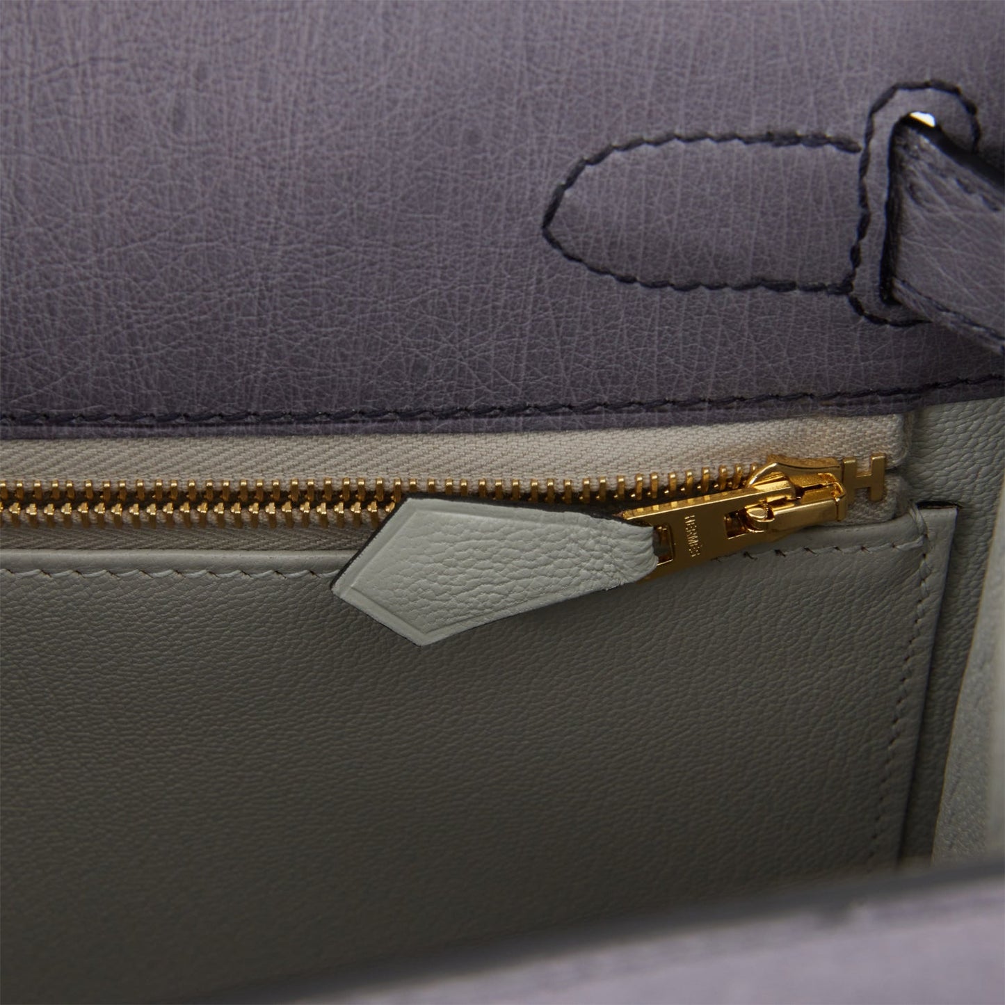 Hermes Special Order (HSS) Kelly Sellier 28 Gris Agate and Gris Perle Ostrich Brushed Gold Hardware