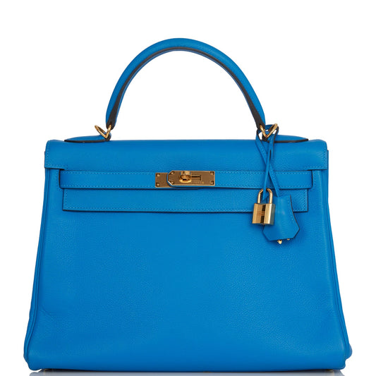 Pre-owned Hermes Kelly Retourne 32 Bleu Hydra Evercolor Gold Hardware