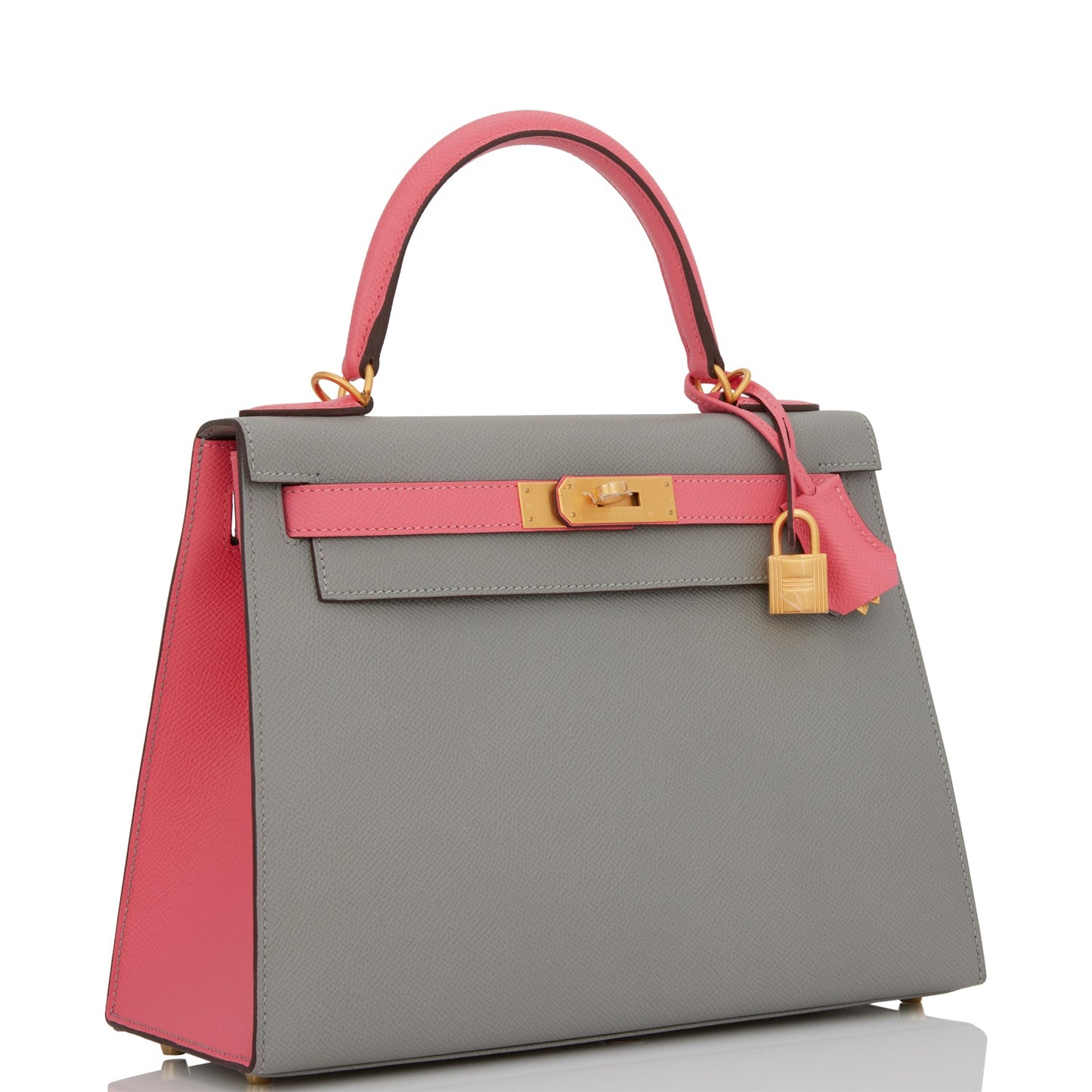 Hermes Special Order (HSS) Kelly Sellier 28 Gris Mouette and Rose Azalee Epsom Brushed Gold Hardware