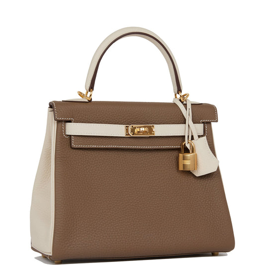 Hermes Special Order (HSS) Kelly Retourne 25 Etoupe and Craie Togo Gold Hardware