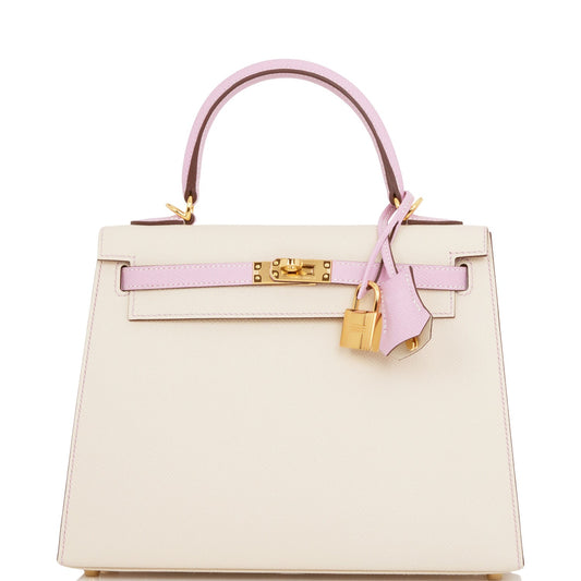 Hermes Special Order (HSS) Kelly Sellier 25 Craie and Mauve Sylvestre Epsom Gold Hardware