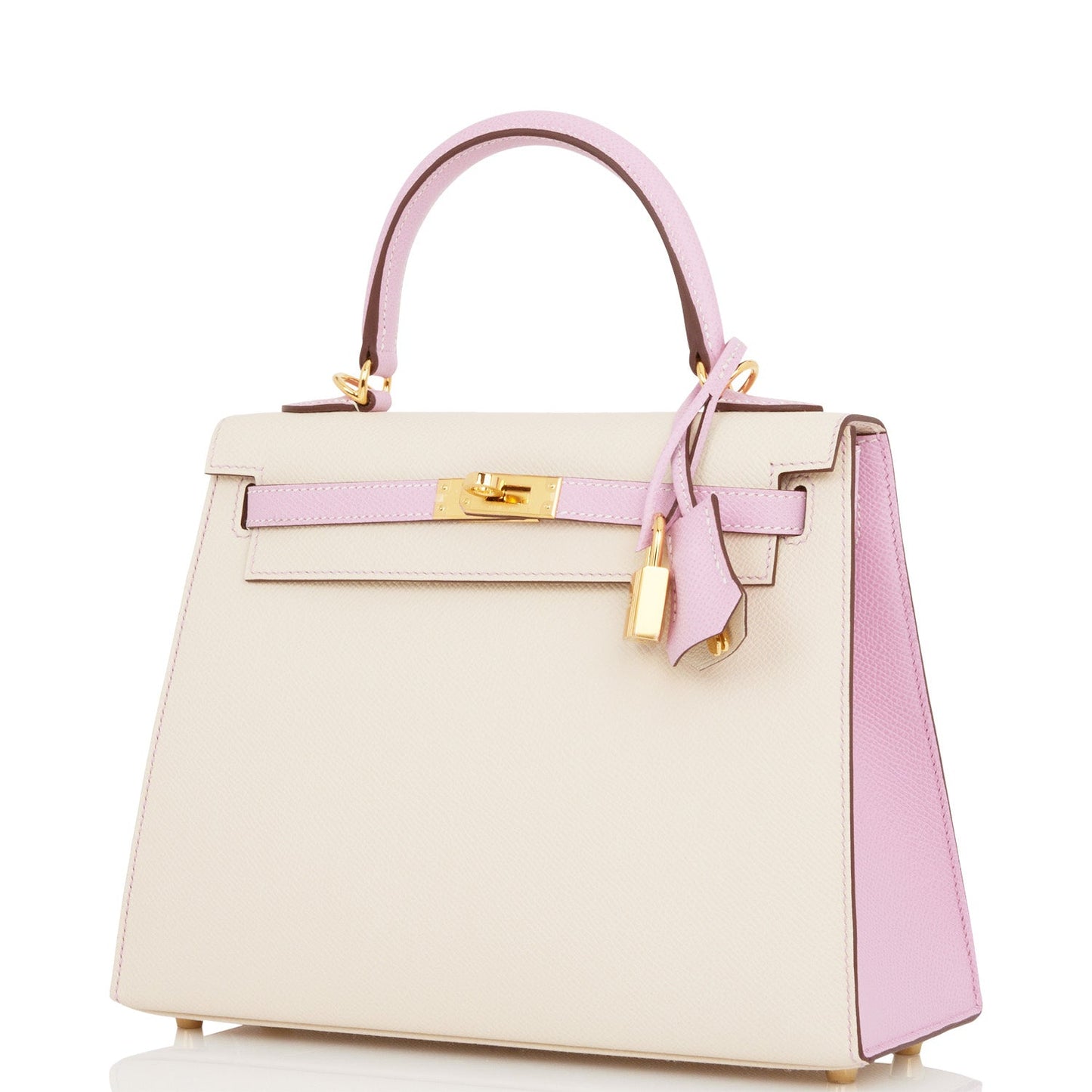 Hermes Special Order (HSS) Kelly Sellier 25 Craie and Mauve Sylvestre Epsom Gold Hardware