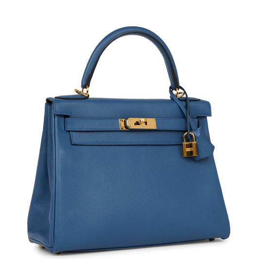 Pre-owned Hermes Kelly Retourne 28 Bleu Agate Evercolor Gold Hardware