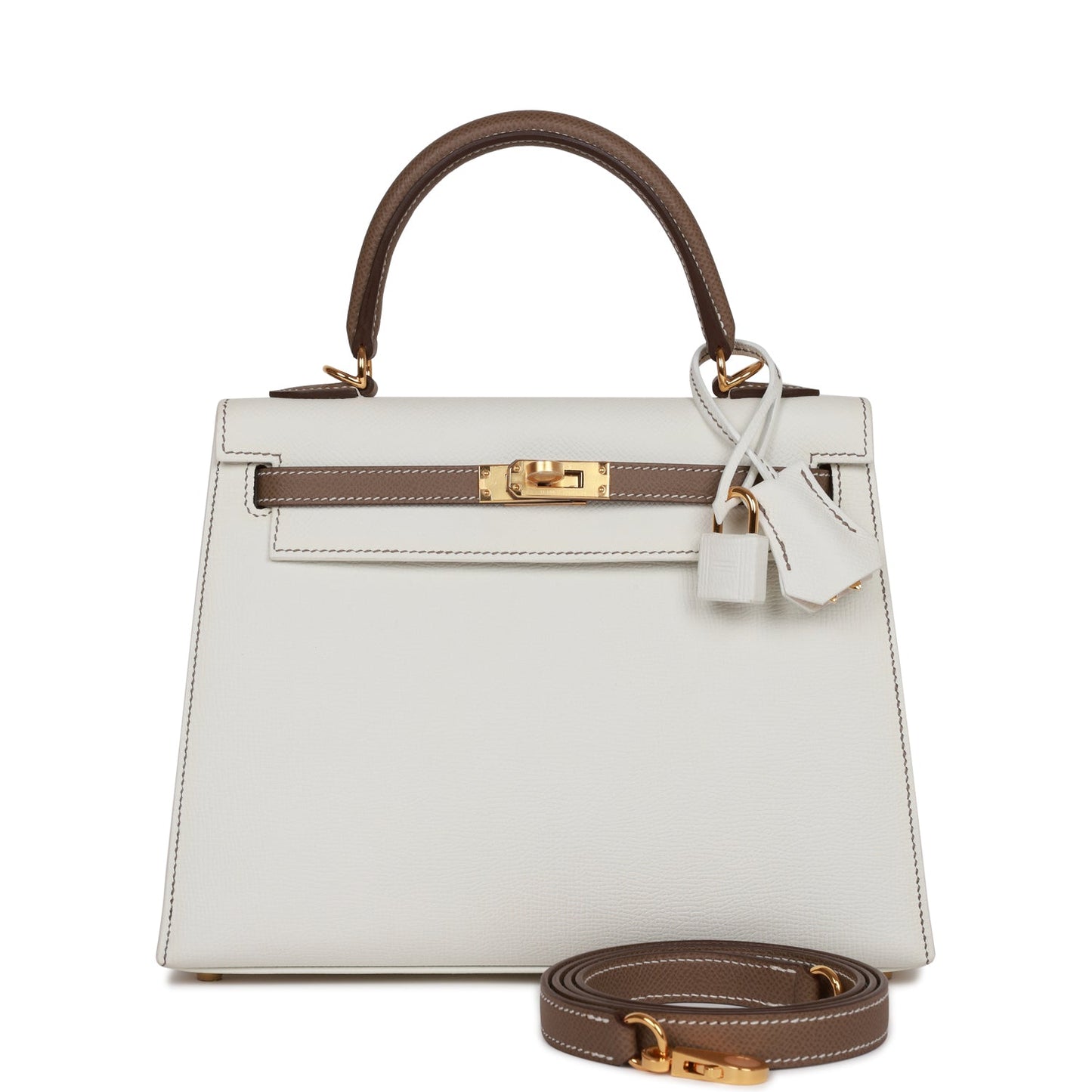 Hermes Special Order (HSS) Kelly Sellier 25 White and Etoupe Epsom Gold Hardware