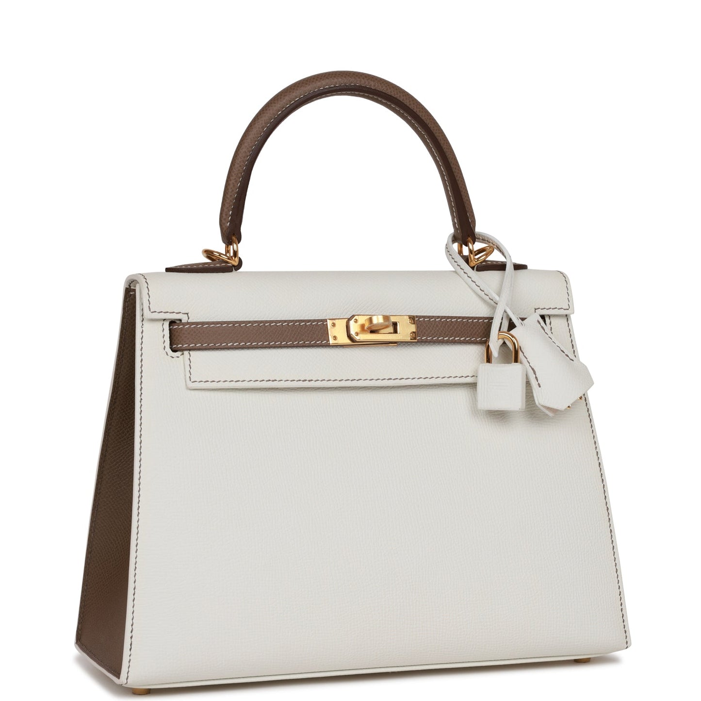 Hermes Special Order (HSS) Kelly Sellier 25 White and Etoupe Epsom Gold Hardware