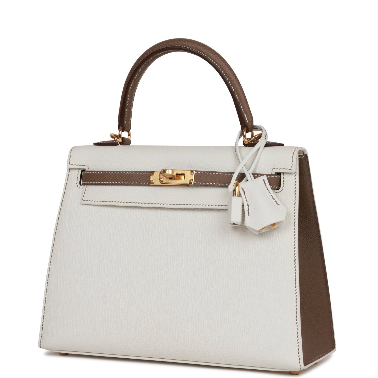 Hermes Special Order (HSS) Kelly Sellier 25 White and Etoupe Epsom Gold Hardware