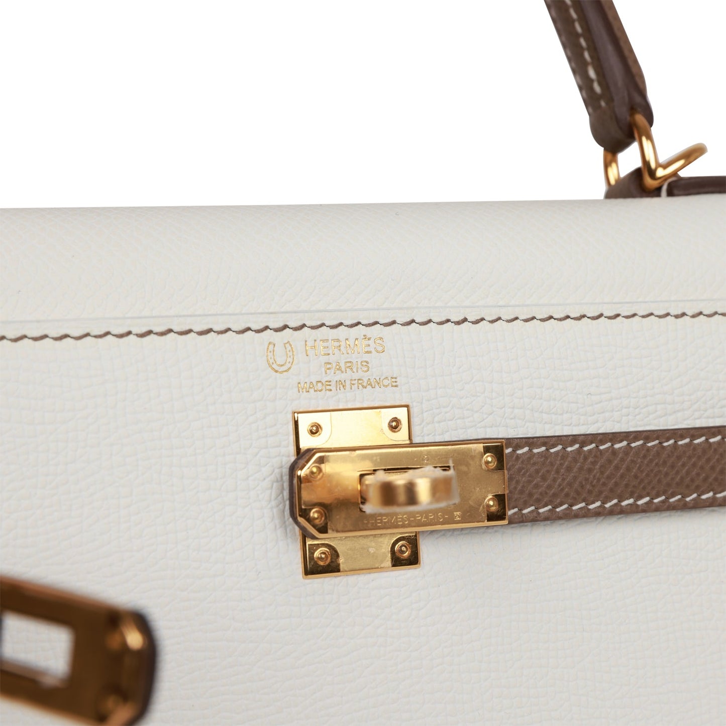 Hermes Special Order (HSS) Kelly Sellier 25 White and Etoupe Epsom Gold Hardware