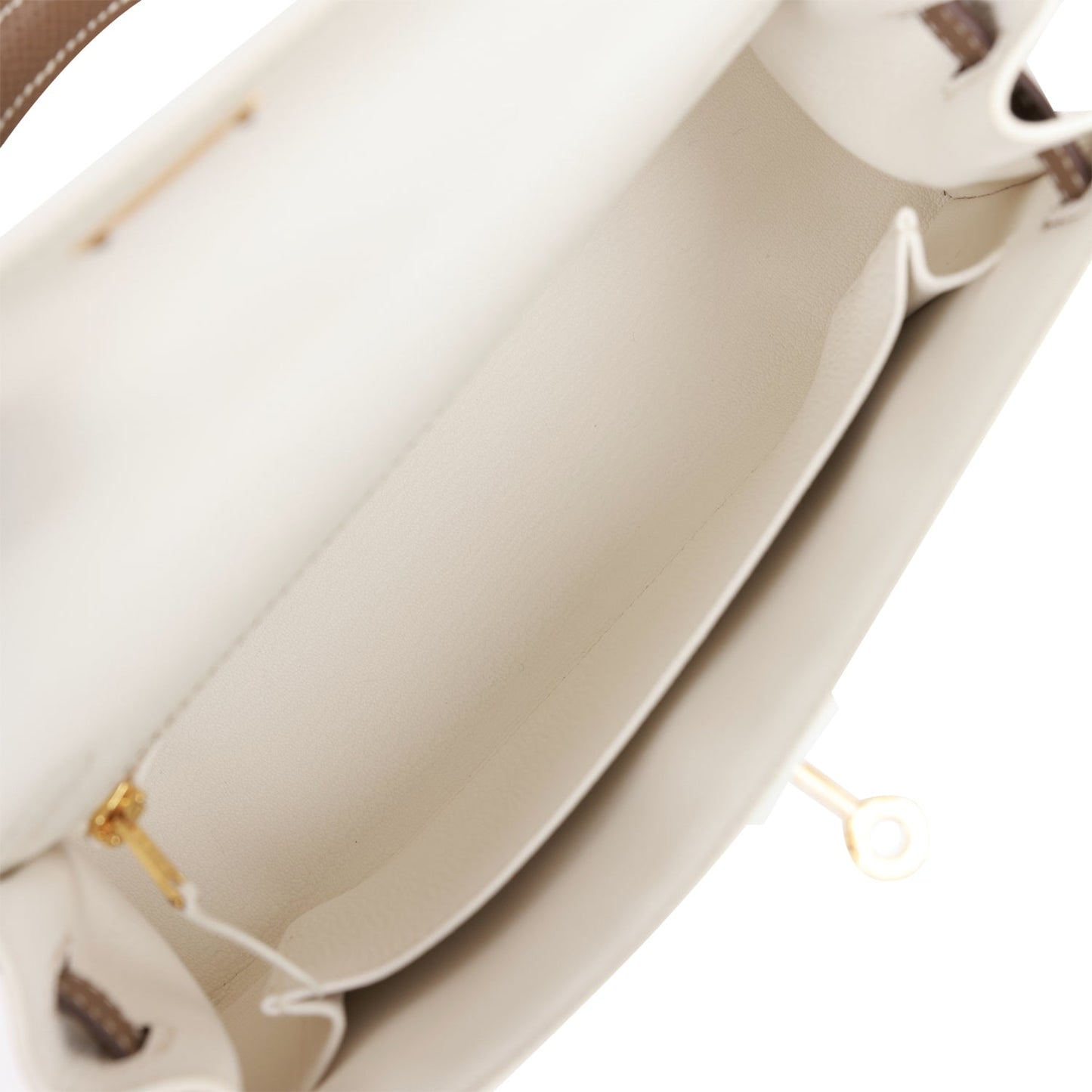 Hermes Special Order (HSS) Kelly Sellier 25 White and Etoupe Epsom Gold Hardware