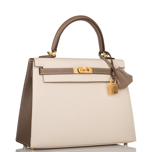 Hermes Special Order (HSS) Kelly Sellier 25 Etoupe and Craie Epsom brushed Gold Hardware