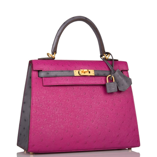 Hermes Special Order (HSS) Kelly Sellier 25 Rose Pourpre and Gris Agate Ostrich Brushed Gold Hardware