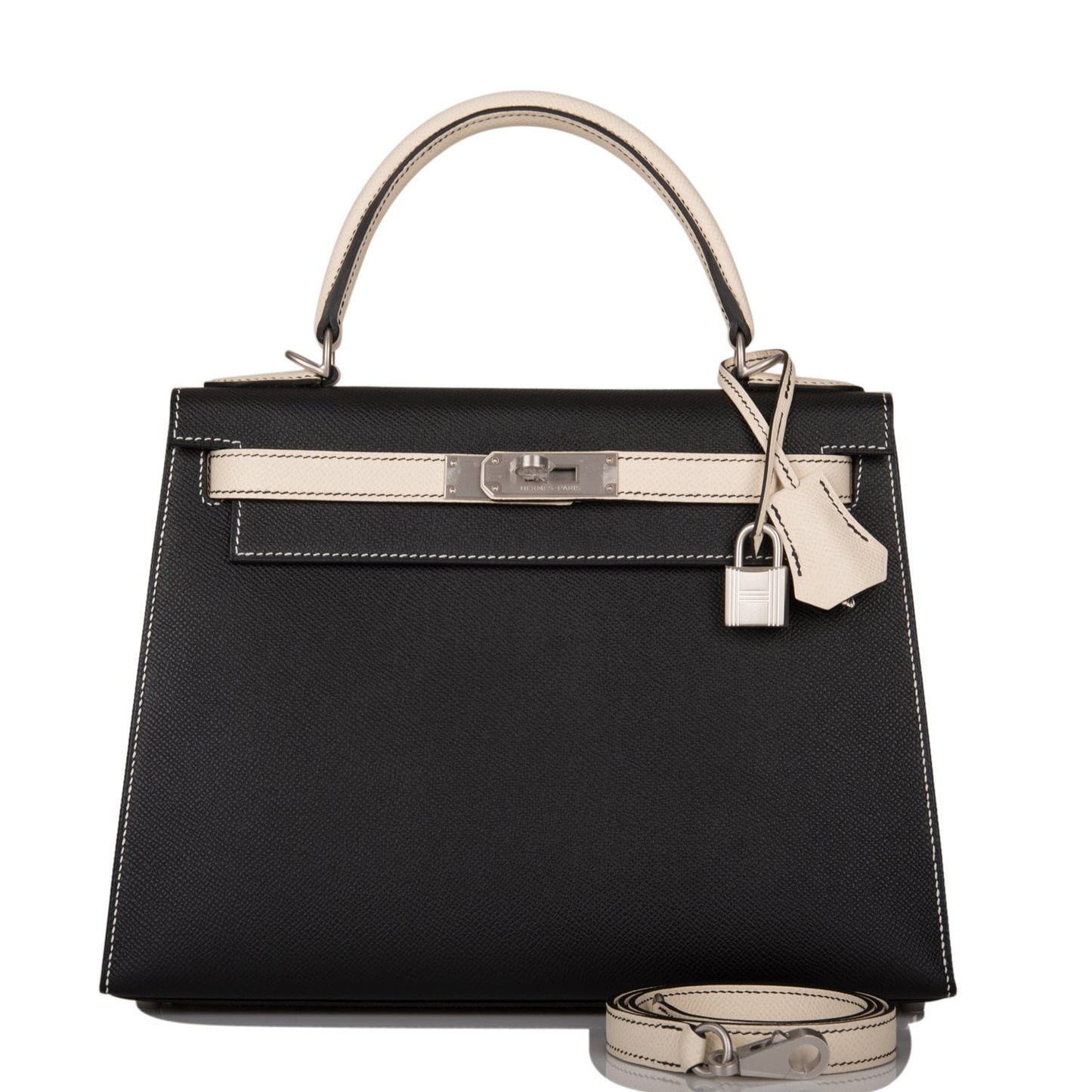 Hermes Special Order (HSS) Kelly Sellier 28 Black and Craie Epsom Brushed Palladium Hardware