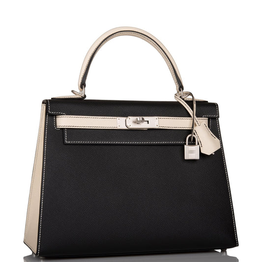 Hermes Special Order (HSS) Kelly Sellier 28 Black and Craie Epsom Brushed Palladium Hardware