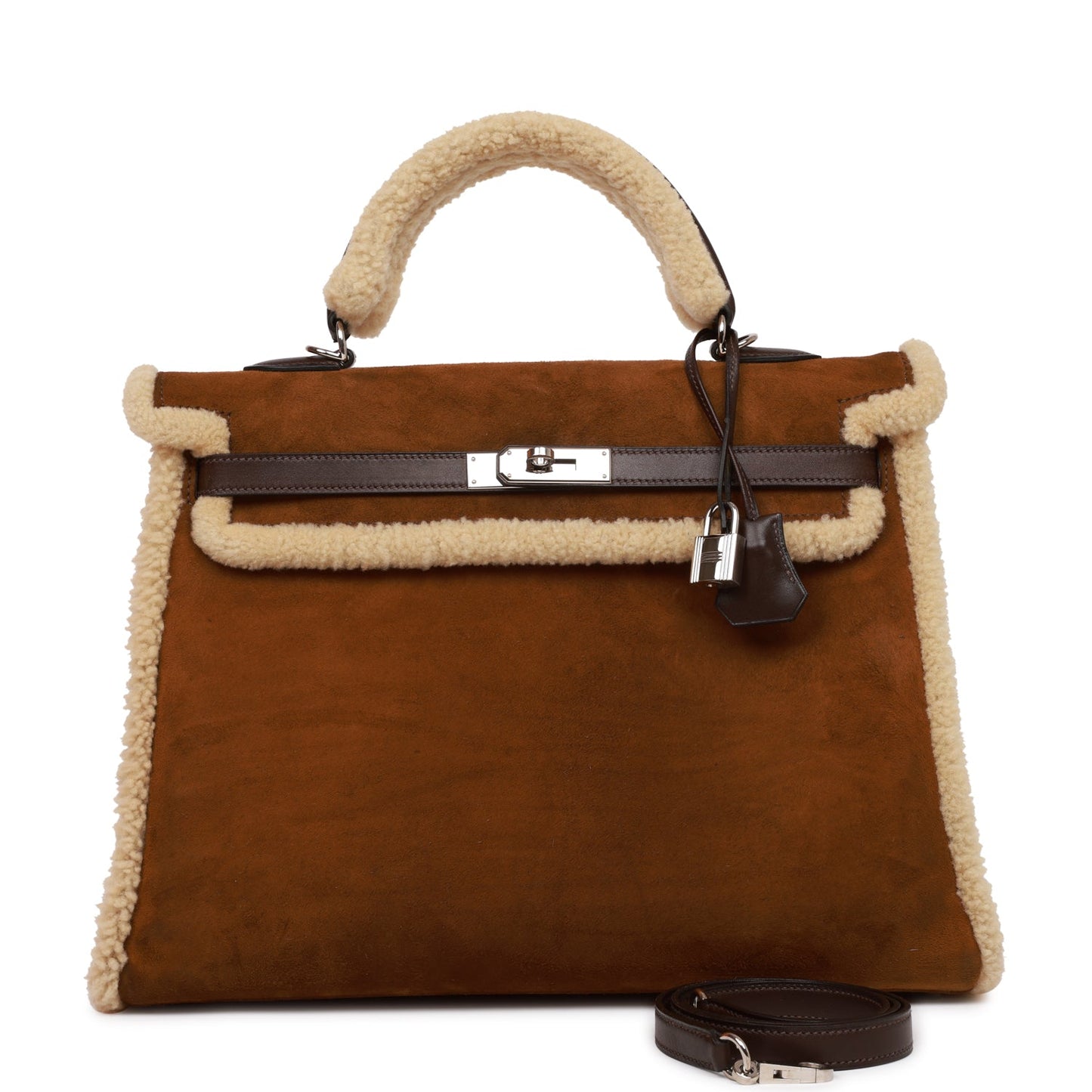 Hermes Teddy Kelly 35 Shearling and Ebene Barenia Palladium Hardware