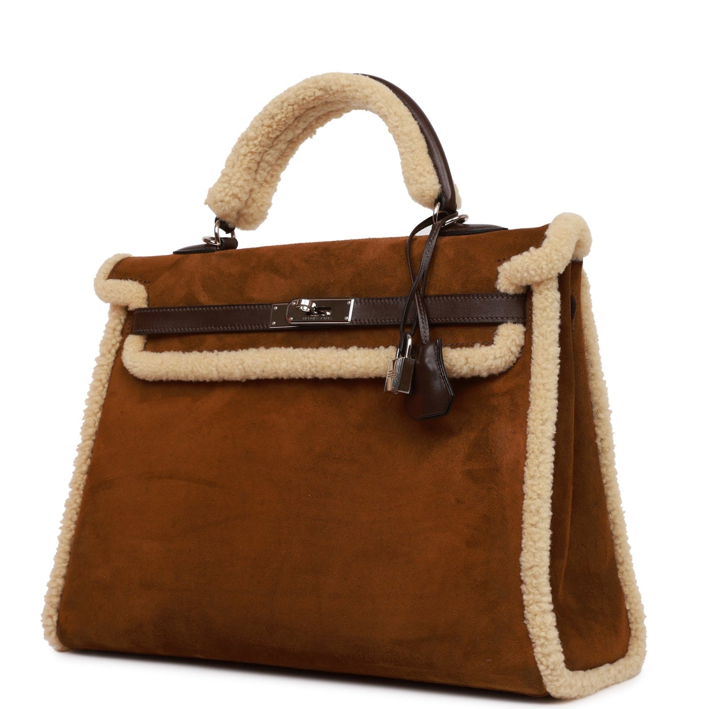 Hermes Teddy Kelly 35 Shearling and Ebene Barenia Palladium Hardware