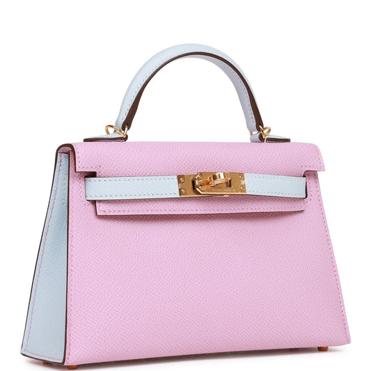 Hermes Special Order (HSS) Kelly Sellier 20 Mauve Sylvestre and Bleu Brume Epsom Gold Hardware