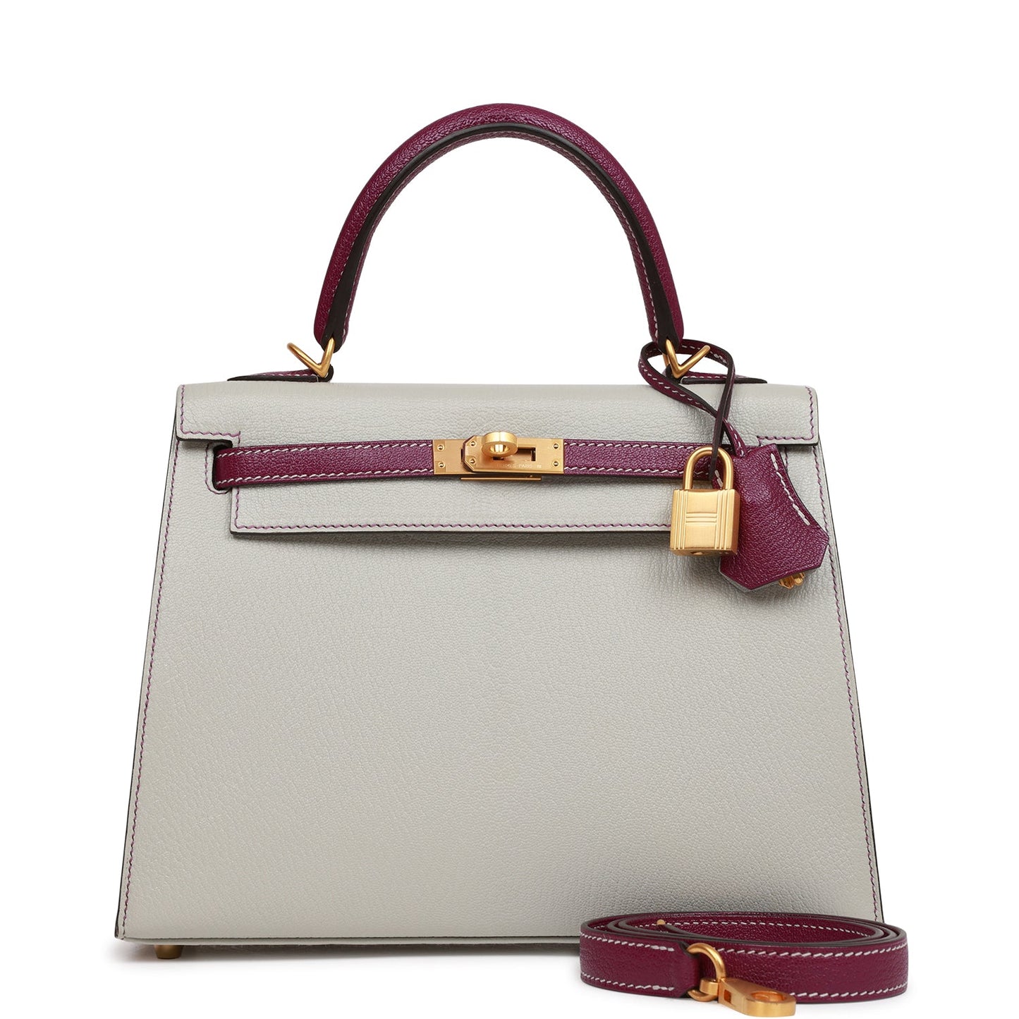 Hermes Special Order (HSS) Kelly Sellier 25 Gris Perle and Anemone Chevre Brushed Gold Hardware