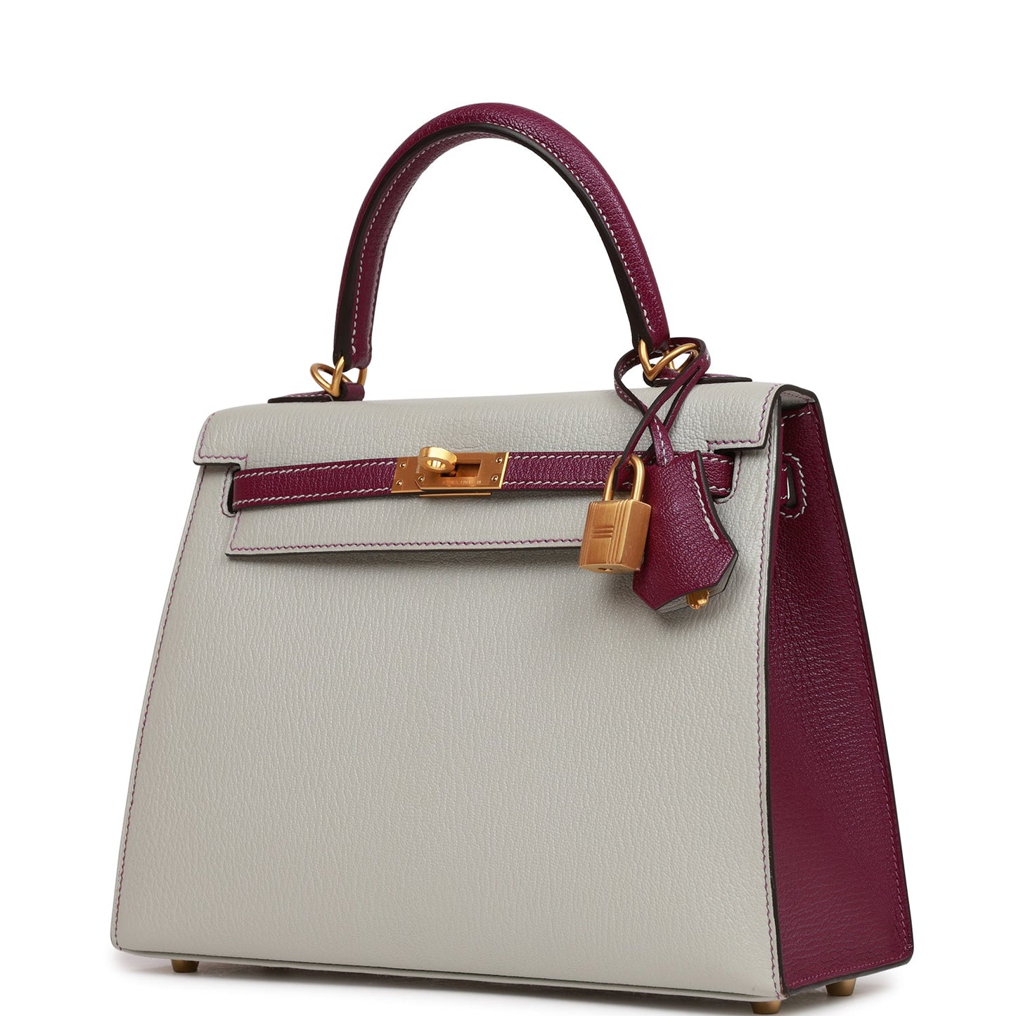 Hermes Special Order (HSS) Kelly Sellier 25 Gris Perle and Anemone Chevre Brushed Gold Hardware