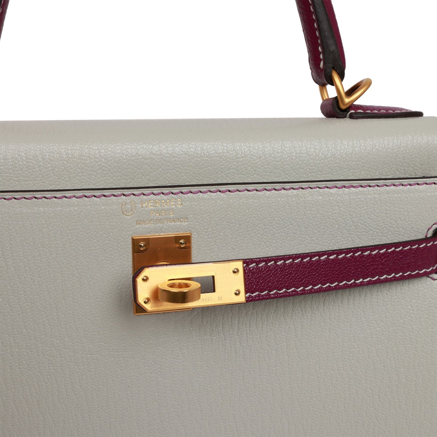 Hermes Special Order (HSS) Kelly Sellier 25 Gris Perle and Anemone Chevre Brushed Gold Hardware